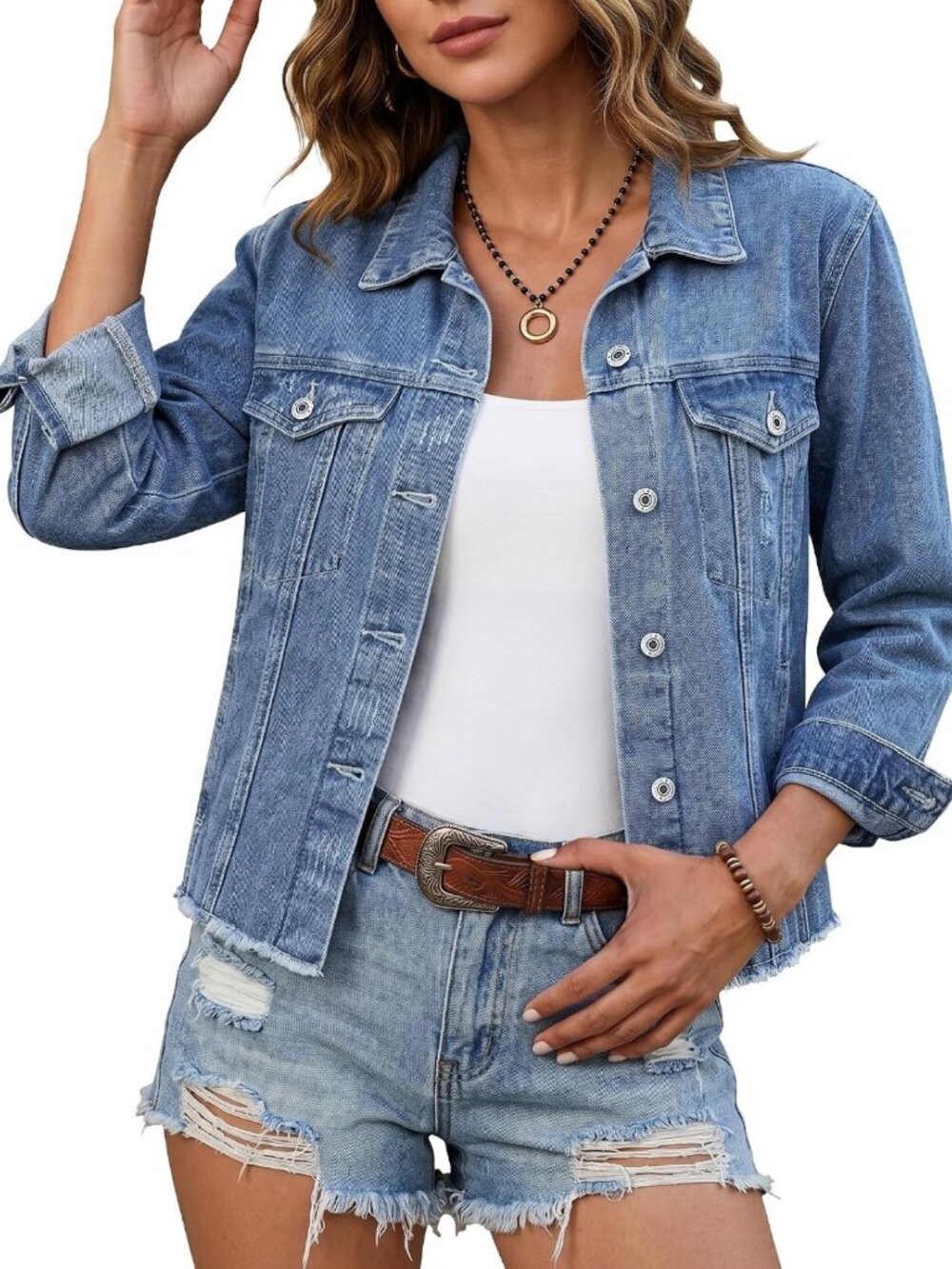 Distressed Denim Jacket for Women | Vintage Trucker Style | Button-Up, Frayed
